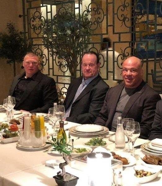 Brock Lesnar having dinner with The Undertake and Kurt Angle